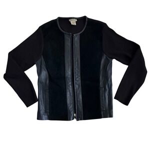 Escapade Black Ribbed Knit Suede/ Leather Trim Zip Front Jacket Women's Large